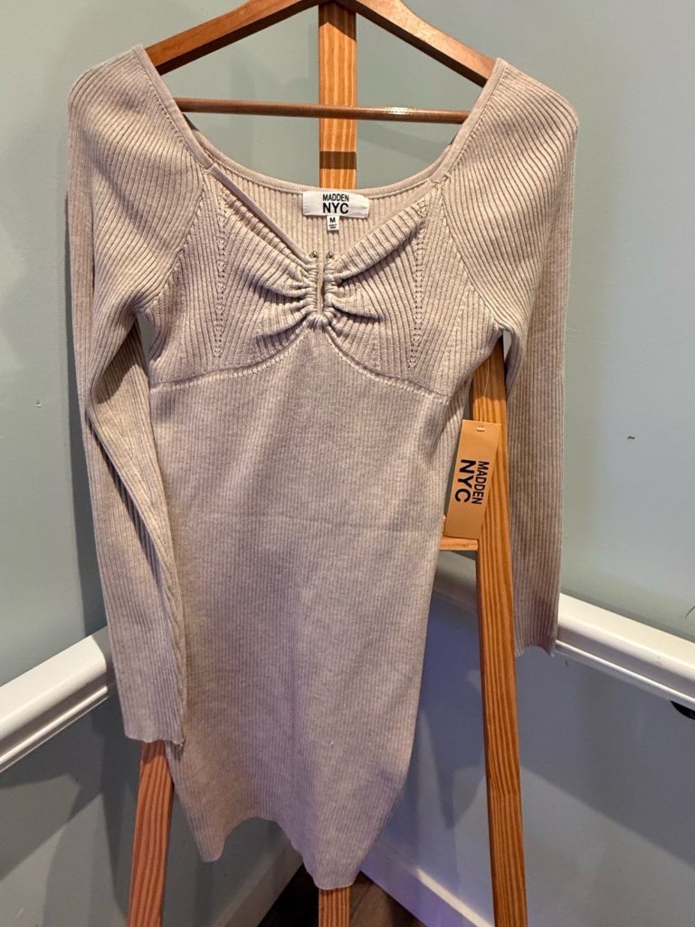 Madden NYC Long Sleeve Ribbed Knit Dress in Light Beige